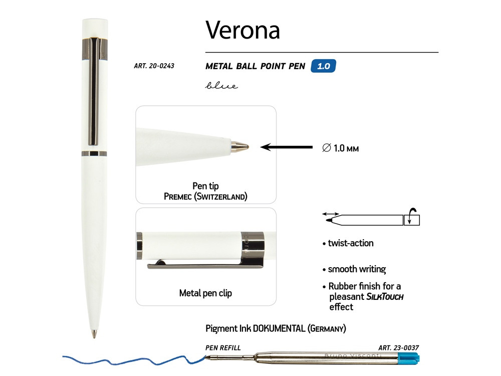 Ручка Verona шариковая автоматическая, белый металлический корпус, 1.0 мм, синяя - фото 3 - id-p106044486