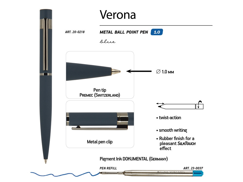 Ручка Verona шариковая автоматическая, синий металлический корпус 1.0 мм, синяя - фото 3 - id-p106044487