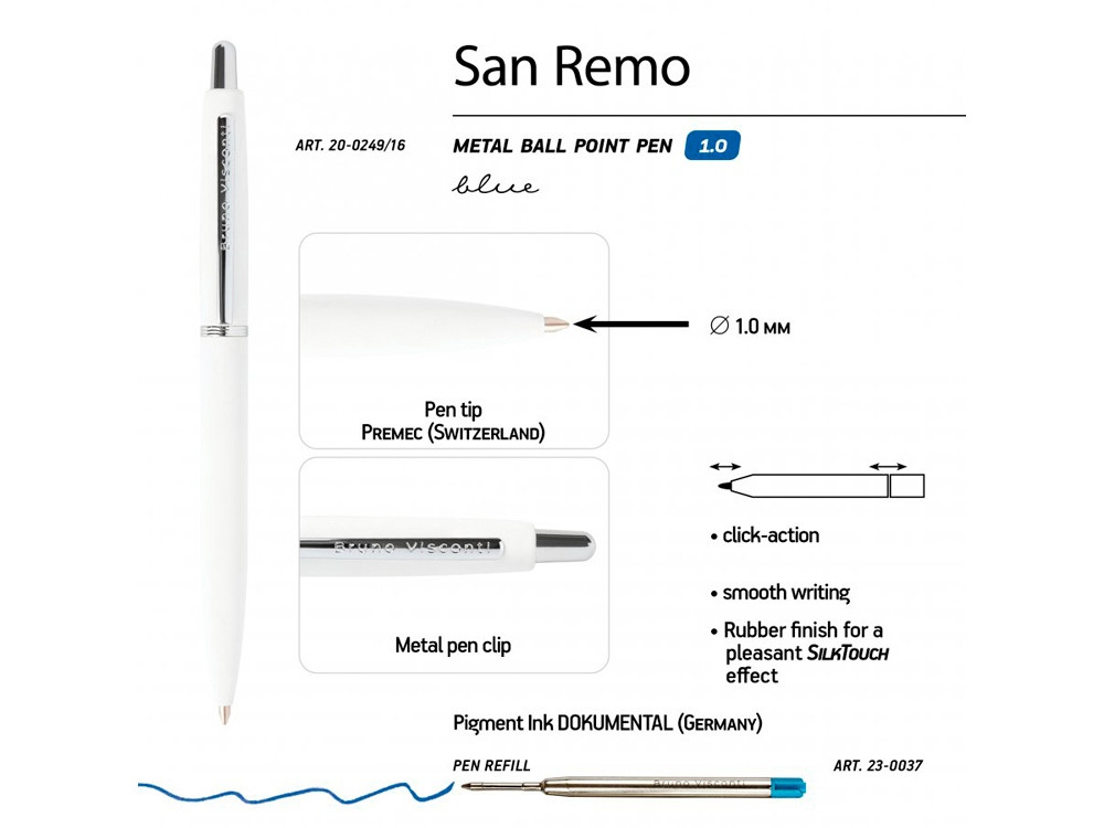 Ручка SAN REMO шариковая, автоматическая, белый металлический корпус 1.00 мм, синяя - фото 3 - id-p106044744