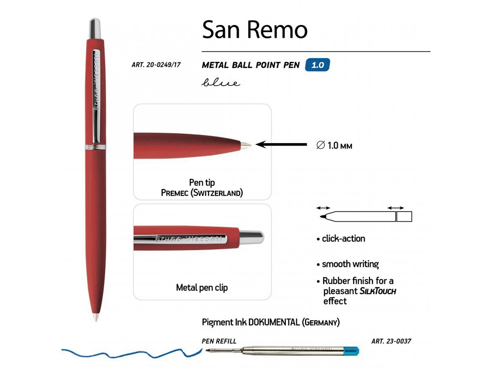 Ручка SAN REMO шариковая, автоматическая, красный металлический корпус 1.00 мм, синяя - фото 3 - id-p106044745