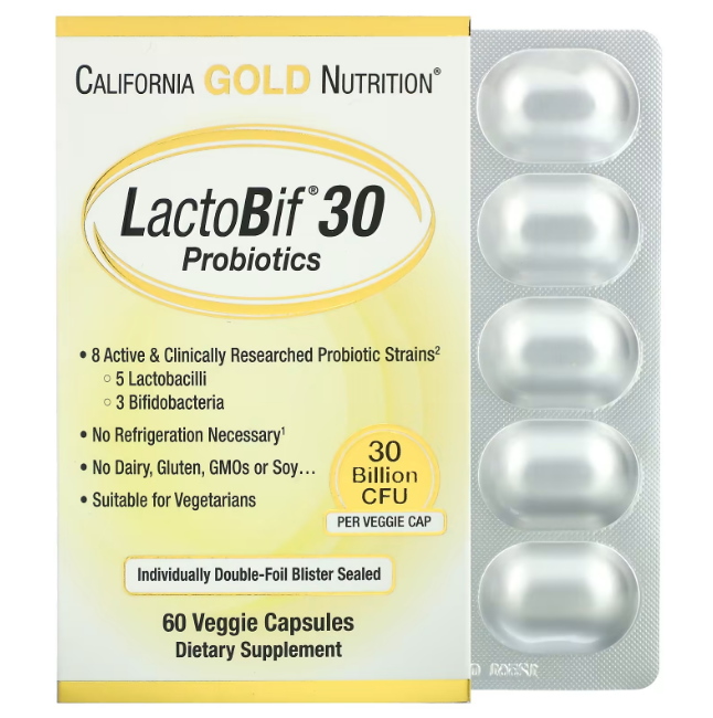 LactoBif, пробиотики, 30 млрд КОЕ, 60 капсул, California Gold Nutrition - фото 1 - id-p95577070