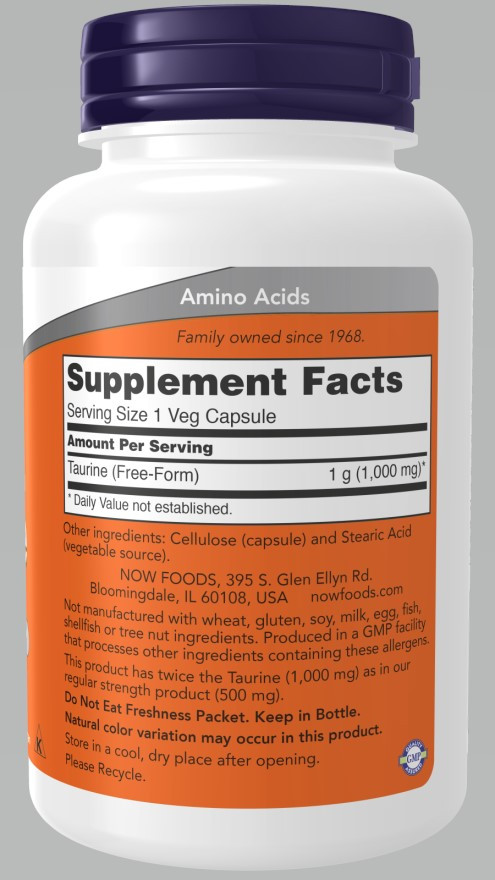 Taurine 1000 mg, 100 veg.caps, NOW - фото 2 - id-p77741098