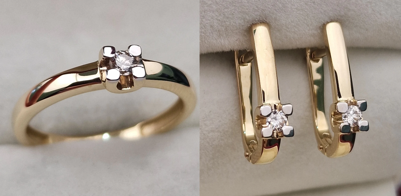 Золотой набор с бриллиантами (кольцо 0.12Ct SI1/N, VG-Cut , серьги 0.151 Ct VS2/K VG-Cut )