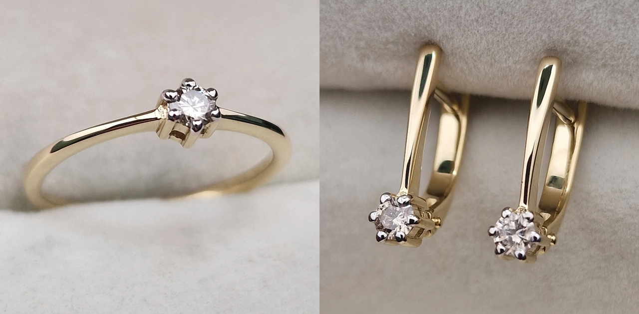 Золотой набор с бриллиантами (кольцо 0.098Ct VS2/N, VG-Cut , серьги 0.158 Ct VS2/K VG-Cut )