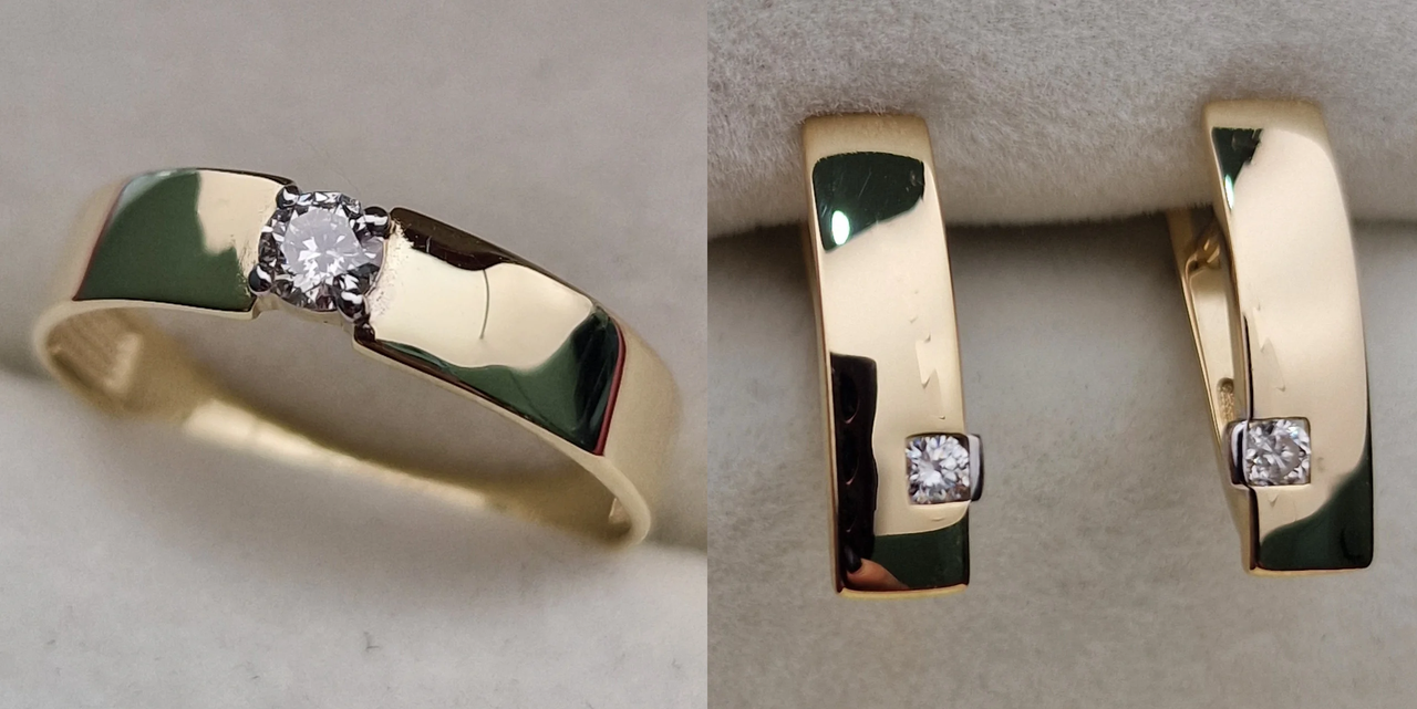 Золотой набор с бриллиантами (кольцо 0.10Сt I1/J, VG - Cut, серьги 0.40Ct SI1/I)
