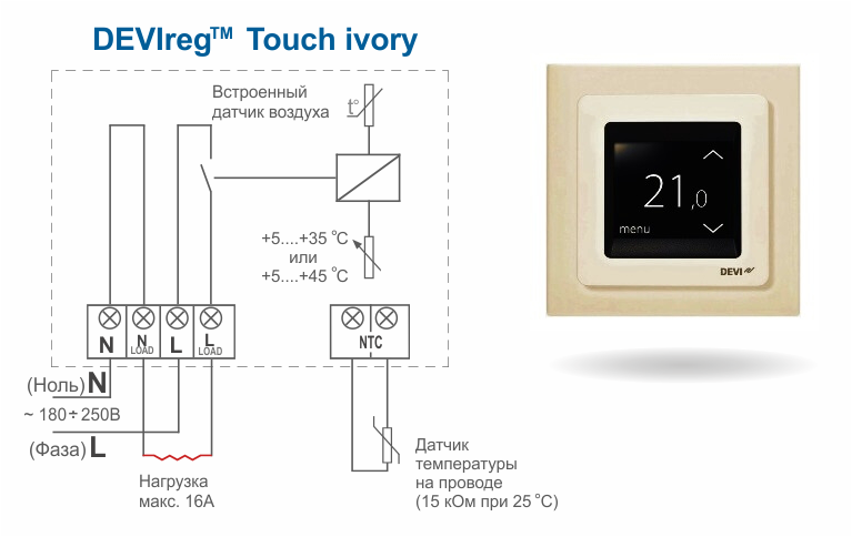 Сенсорный программируемый терморегулятор DEVIreg Touch Ivory для теплого электрического пола - фото 5 - id-p106113038