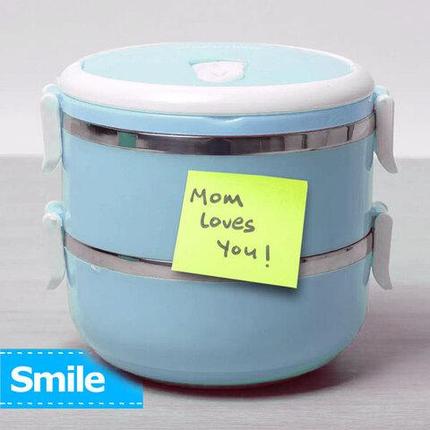 Термос многоярусный для домашних обедов Lunch Box Smile KM-212x (Голубой / 2 секции), фото 2