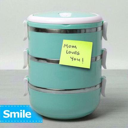 Термос многоярусный для домашних обедов Lunch Box Smile KM-212x (Голубой / 3 секции), фото 2