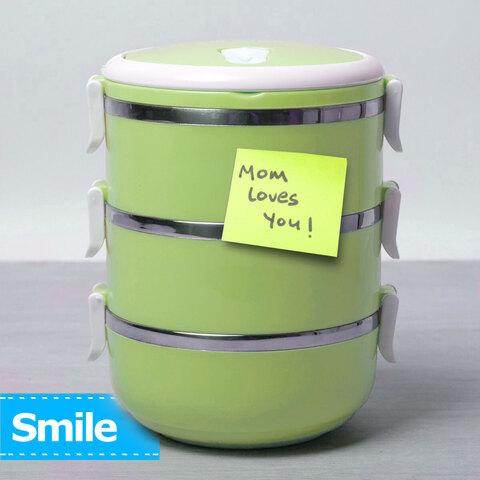 Термос многоярусный для домашних обедов Lunch Box Smile KM-212x (Зеленый / 3 секции) - фото 1 - id-p106147000