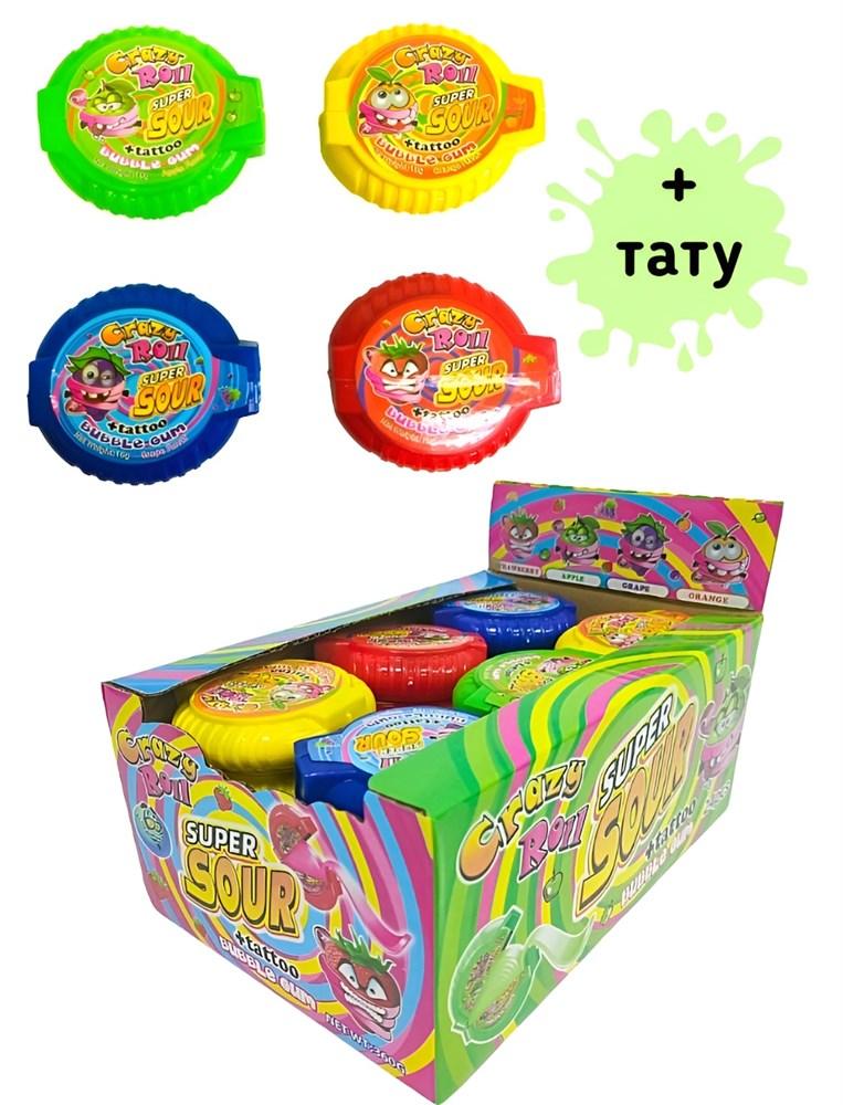 Жевательная резинка Crazy Roll Bubble Gum + Tattoo SUPER SOUR 15гр. (24шт-упак)