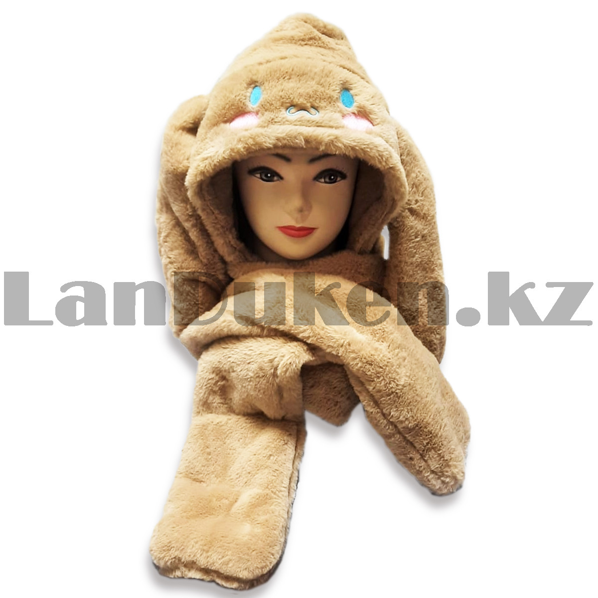 Шапка шарфик с ушками и варежками Cinnamoroll коричневая 135 см - фото 2 - id-p106150952