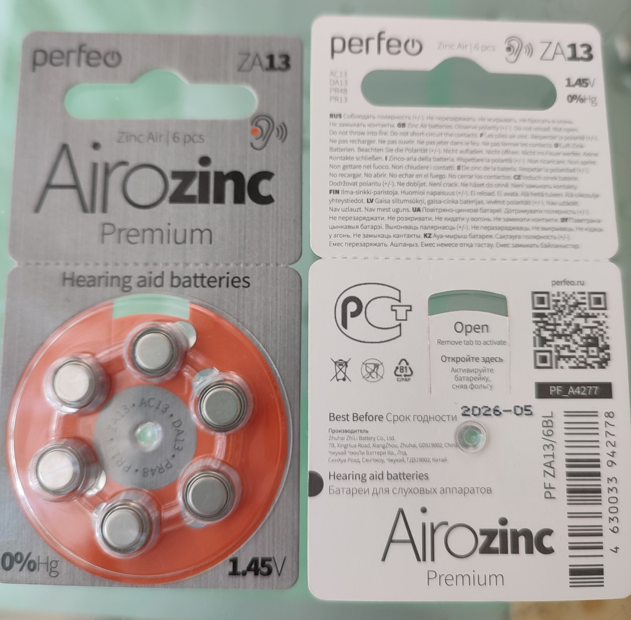 Батареи для слуховых аппаратов Perfe Airozinc Premium ZA13 - фото 1 - id-p106161838