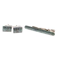 Набор запонки прямоугольные и зажим для галстука камень зеленый апатит 124469