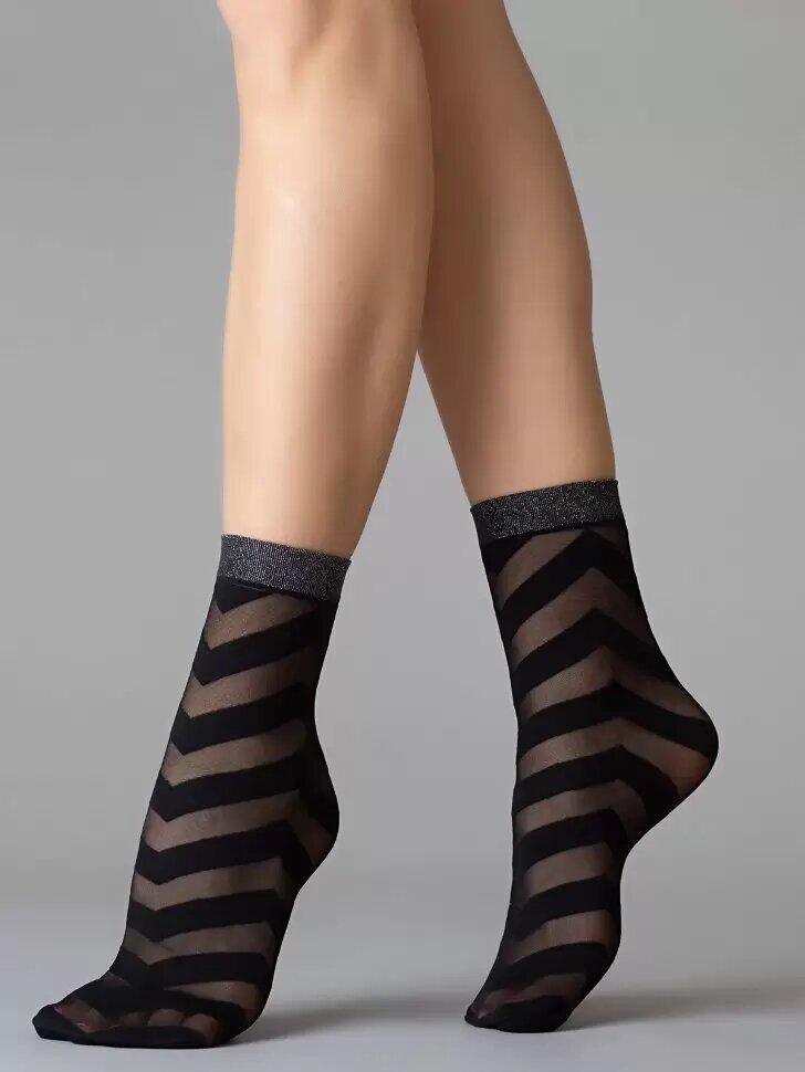 Тонкие женские носки с контрастным узором "зигзаги" с люрексом на резинке - фото 2 - id-p106200438
