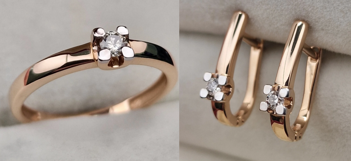 Золотой набор с бриллиантами (кольцо 0.095Ct VS2/K, VG-Cut , серьги 0.162Ct VS2/K, VG-Cut )