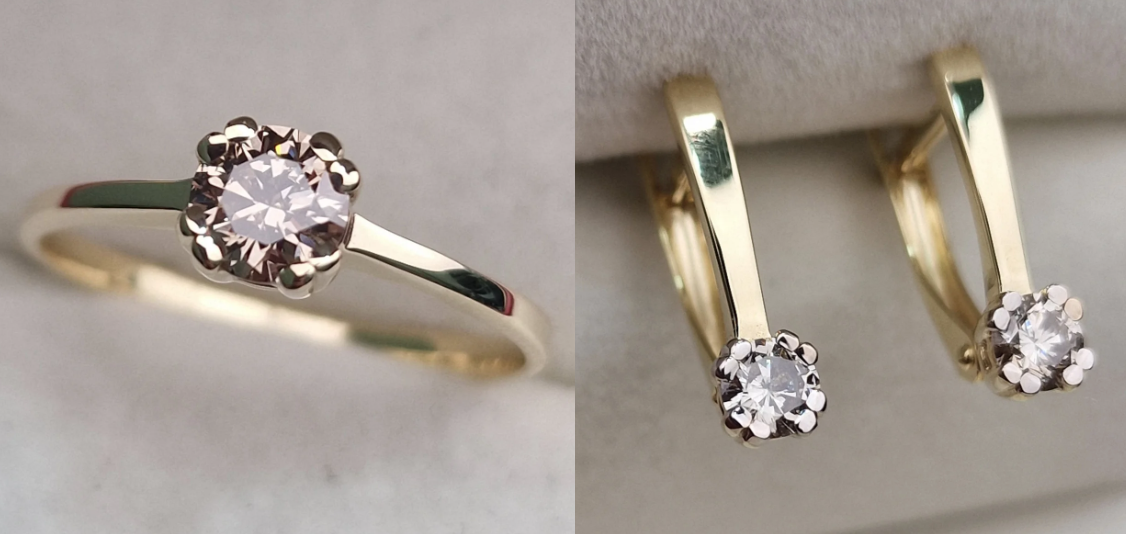Золотой набор с бриллиантами (кольцо 0.471Сt SI2/N, VG - Cut , серьги 0,50Ct VS1/L, VG-Cut)