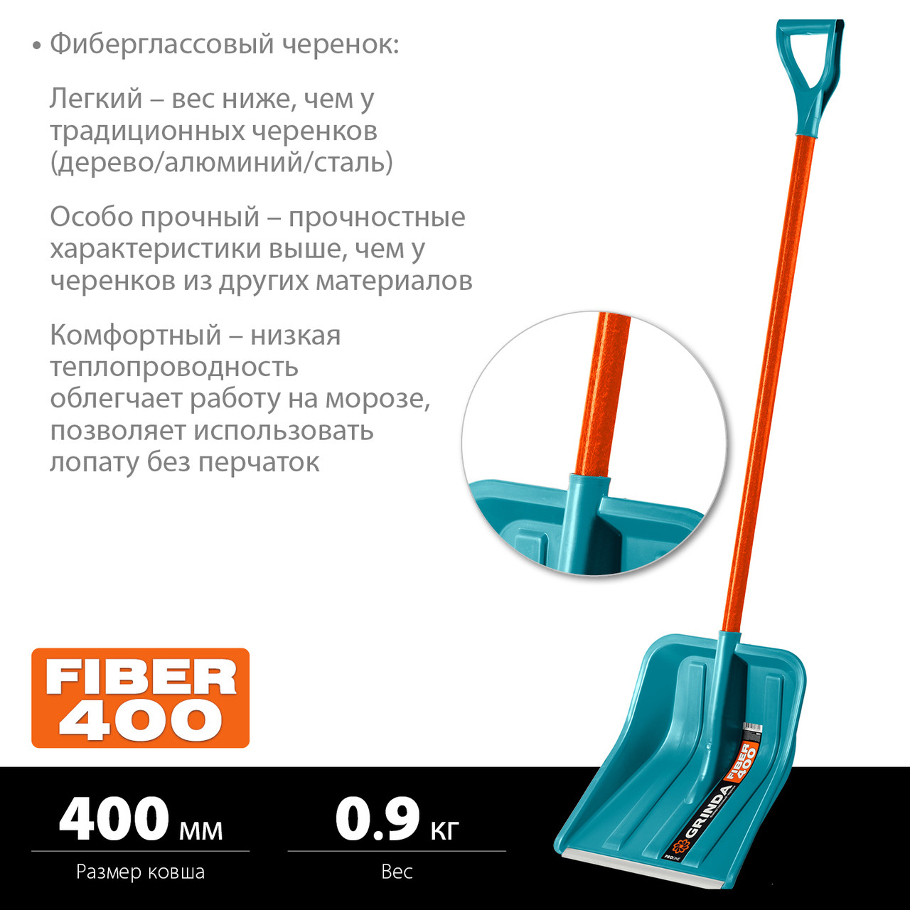 GRINDA 400 мм, с алюминиевой планкой, снеговая пластиковая лопата, FIBER-400 ProLine 39941 - фото 2 - id-p106207203