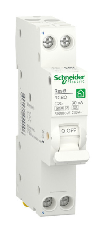 Дифавтомат Schneider Electric Resi9 1P+N 25А ( C ) 6 кА, 30 мА ( A ), R9D88625 - фото 1 - id-p106218009