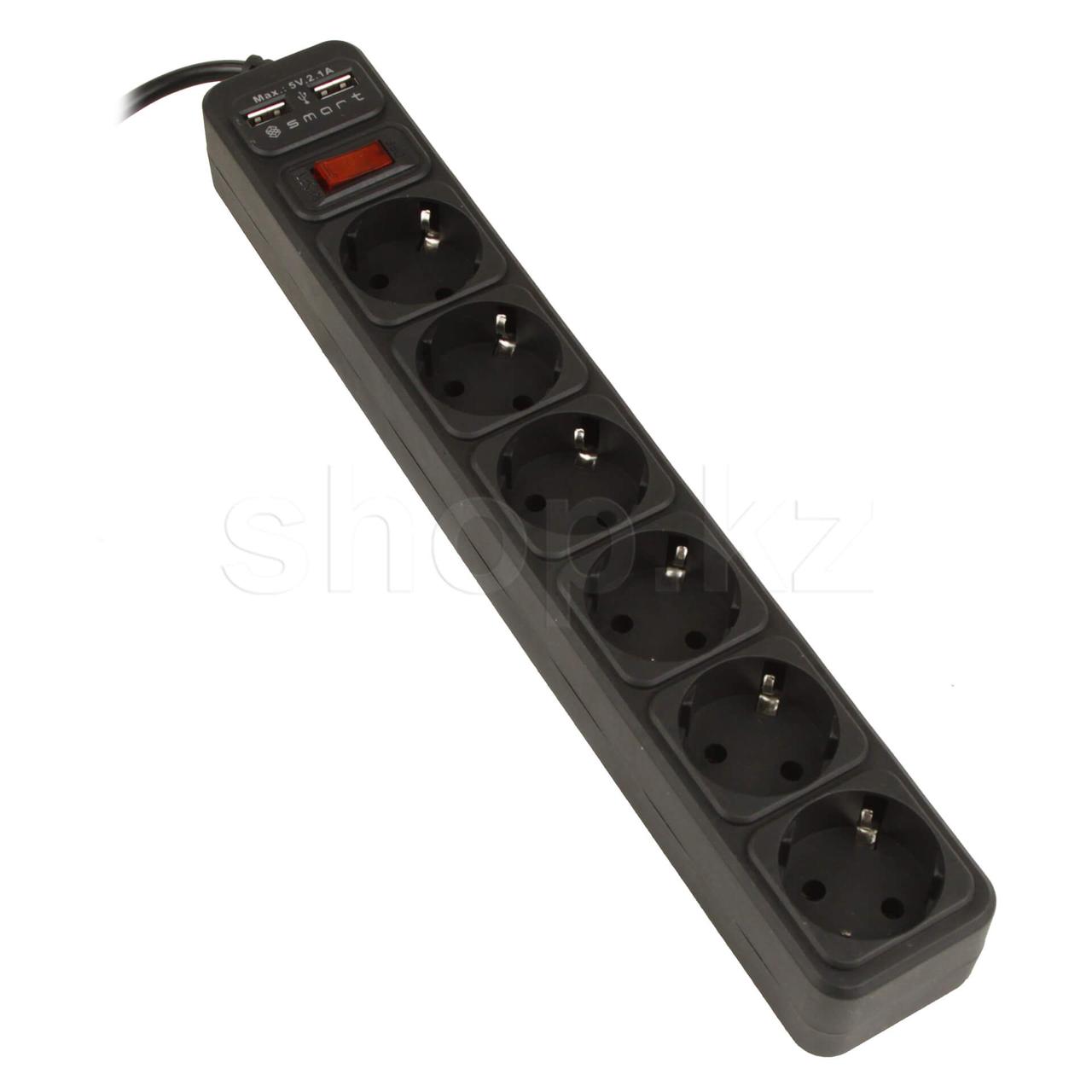Сетевой фильтр SMART SM-06BU-3M, 6 розеток, 2xUSB, 3 метра, Black