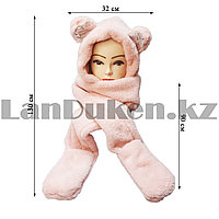 Шапка шарфик с медвежьими ушками с блестками и варежками розовая 130 см