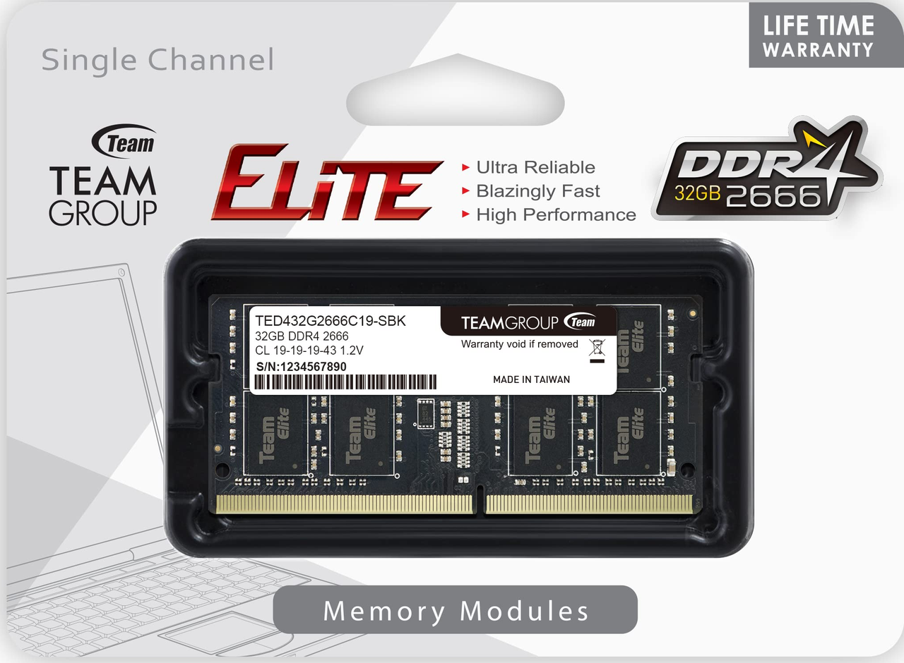 Оперативная память для ноутбука 32GB DDR4 2666Mhz Team Group ELITE SO-DIMM TED432G2666C19-S01 - фото 1 - id-p106273672