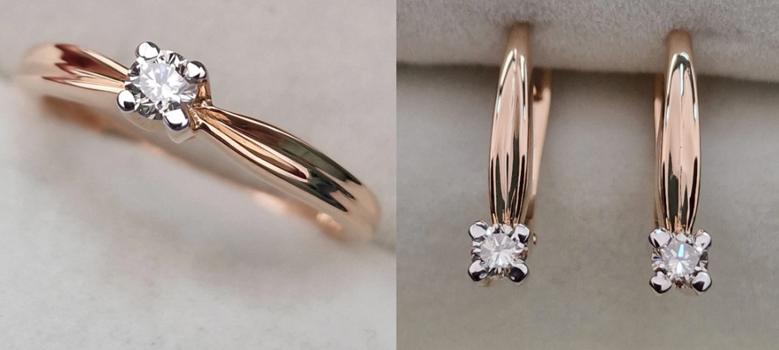 Золотой набор с бриллиантами (кольцо 0.12Сt S1/L, VG - Cut , серьги 0.24Ct VS2-VS1/L, VG-Cut )
