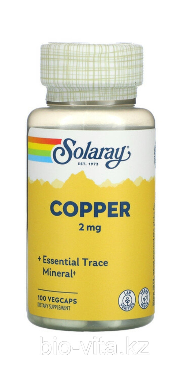 Solaray,МЕДЬ (хелатная) , 2 мг, 100 капсул.