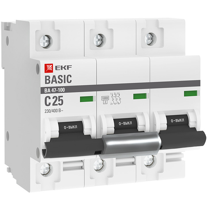 Автоматический выключатель 3P 25А (C) 10kA ВА 47-100 EKF