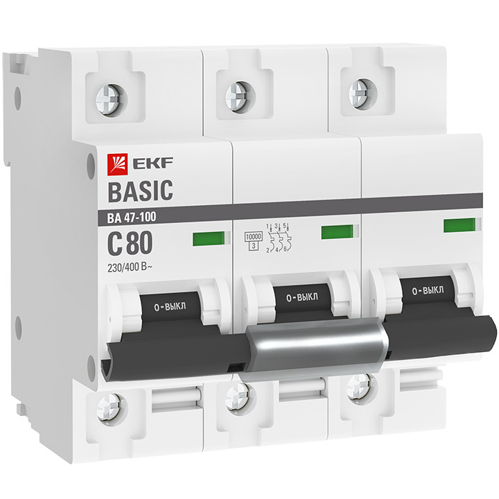 Автоматический выключатель 3P 80А (C) 10kA ВА 47-100 EKF