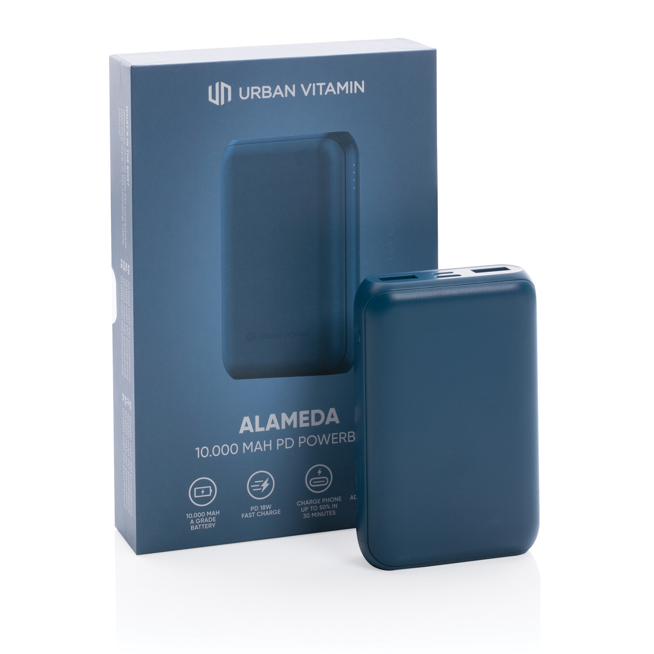 Внешний аккумулятор Urban Vitamin Alameda с быстрой зарядкой PD, 18 Вт, 10000 мАч, синий; , Длина 9,5 см., - фото 9 - id-p104636222