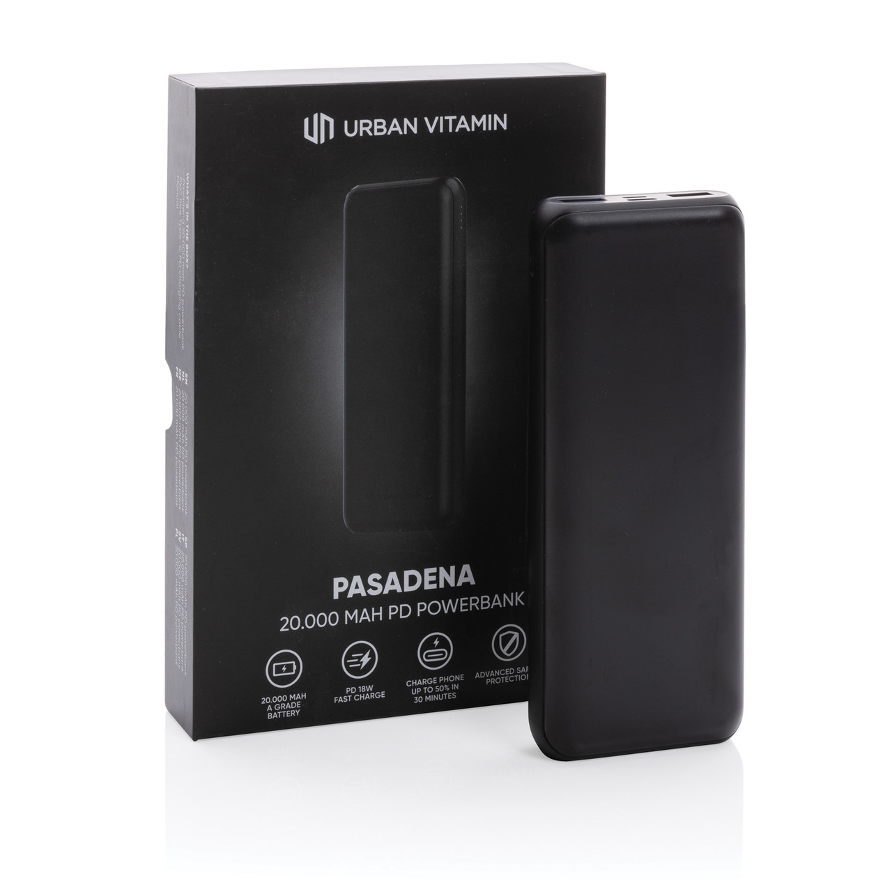 Внешний аккумулятор Urban Vitamin Pasadena с быстрой зарядкой PD, 18 Вт, 20000 мАч, черный; , Длина 15,5 см., - фото 7 - id-p104636226