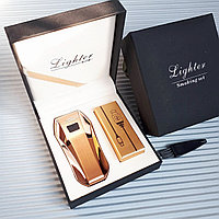 Электронная зажигалка LIGHTER в подарочной коробке, золотистая.