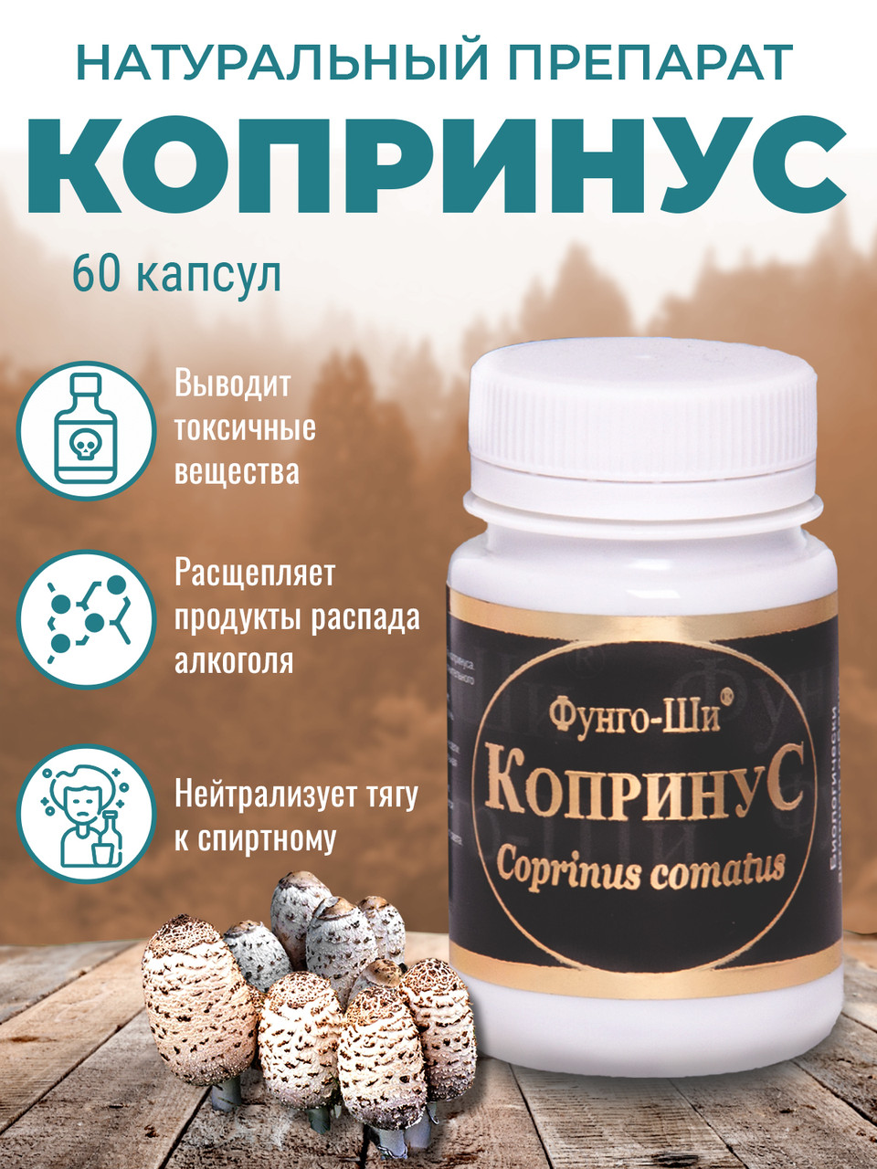 Натуральный препарат Копринус Грибная Аптека для лечения алкогольной зависимости, 60 капс - фото 2 - id-p105205855