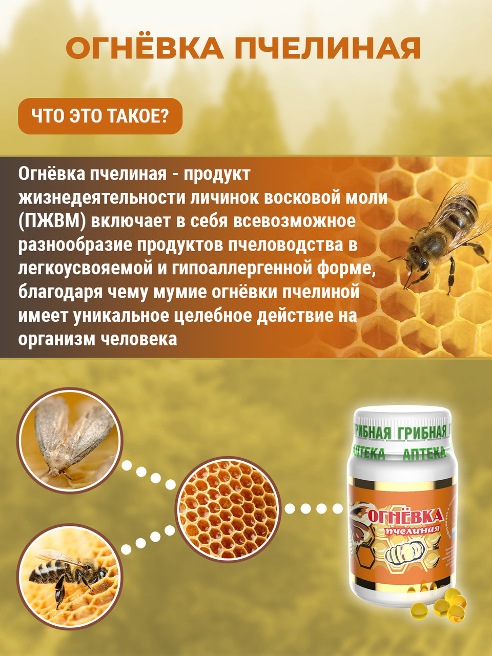 Натуральный препарат Грибная аптека Огневка пчелиная восковая с маслом льна 60 капсул - фото 8 - id-p105246320