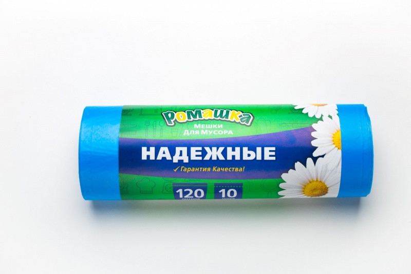Мусорные мешки в рулоне с ушками 120 л. 10 шт. "НАДЕЖНЫЕ" (СИНИЙ , ПСД, 16мкм)
