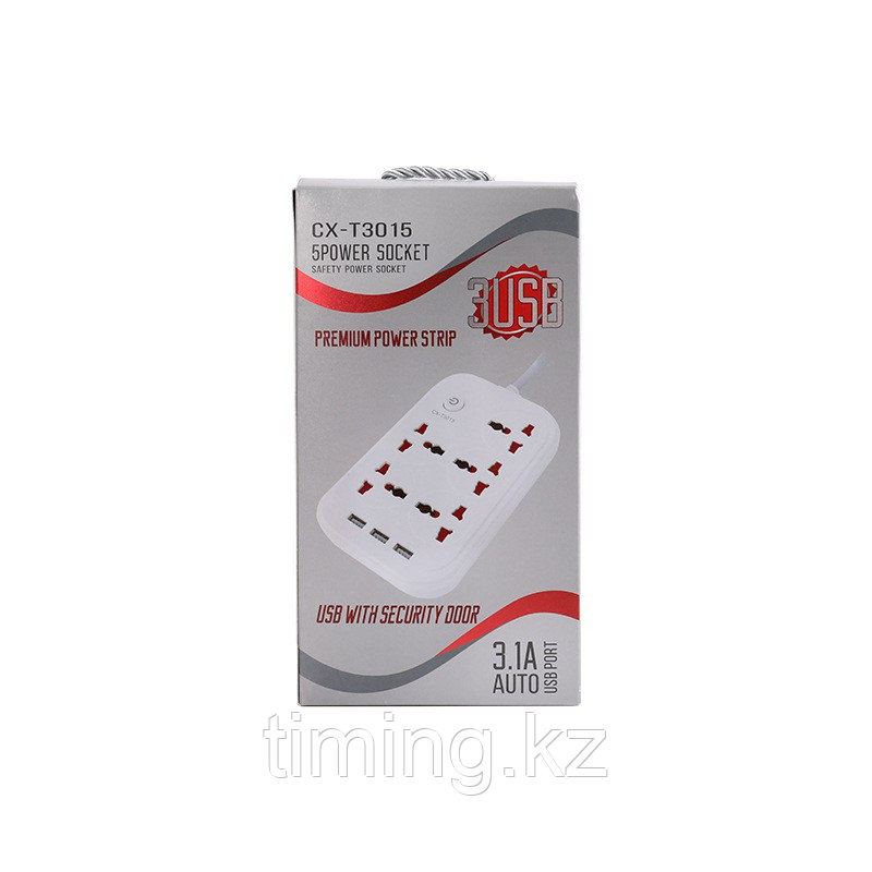 Сетевой фильтр CX-T3015, 5 розеток + 3 USB, 2 метра, белый - фото 1 - id-p106420299