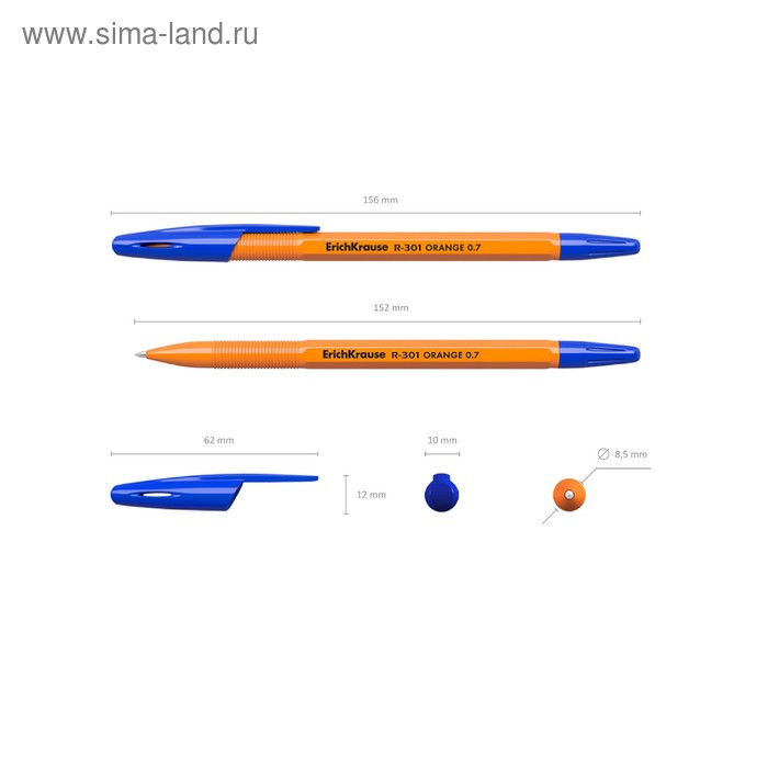 Ручка шариковая ErichKrause R-301 Orange Stick, узел 0.7 мм, чернила синие, длина линии письма 2000 метров, шт