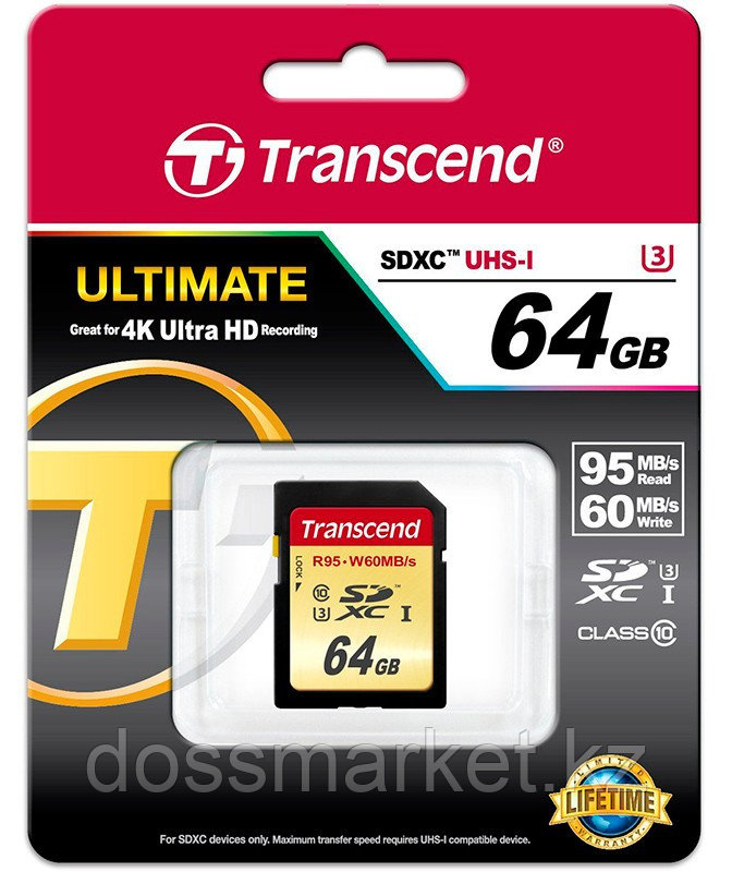 Карта памяти SD 64GB Class 10 U3 Transcend TS64GSDU3 высокоскоростная
