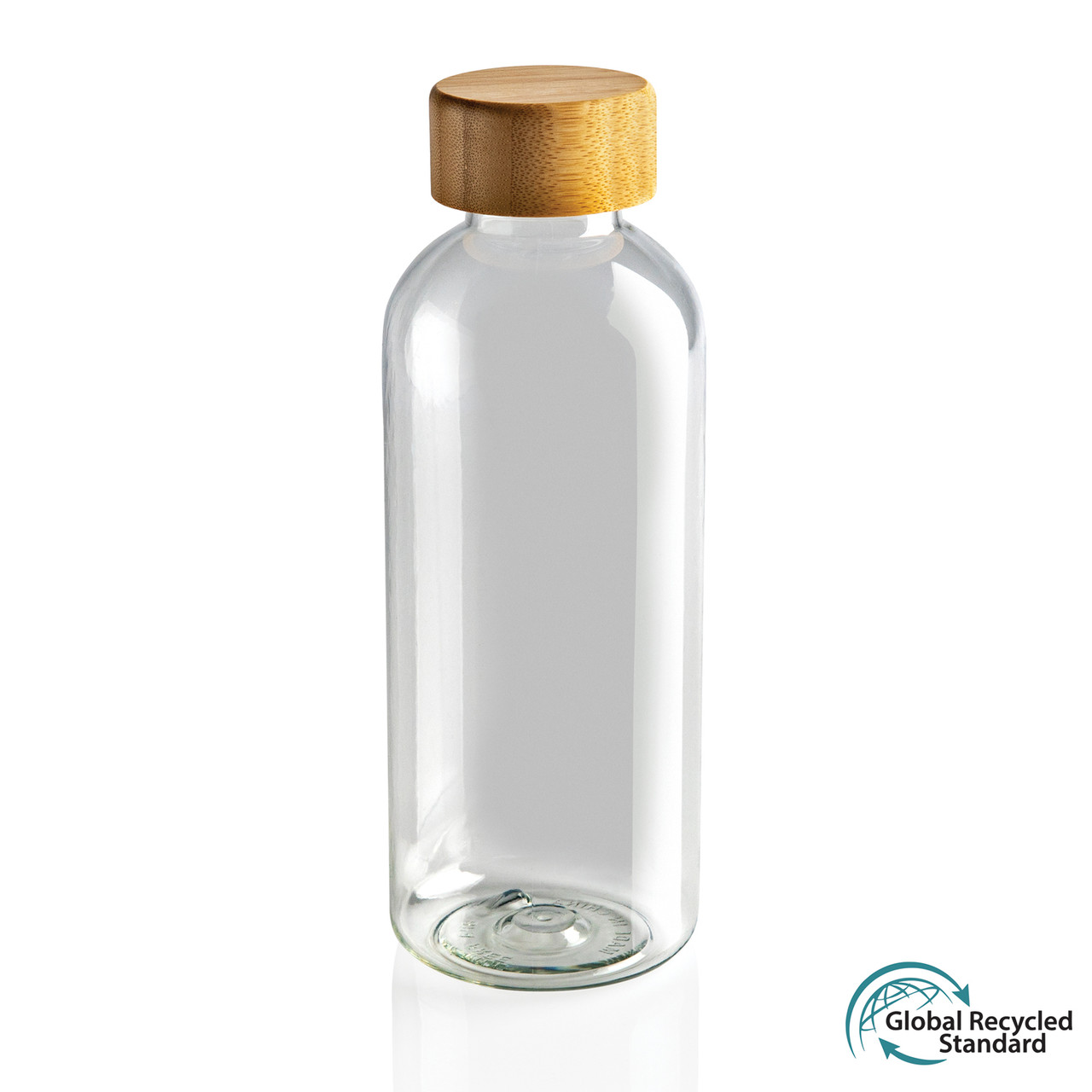 Бутылка для воды из rPET (стандарт GRS) с крышкой из бамбука FSC®, прозрачный; , Длина 7,4 см., ширина 7,4