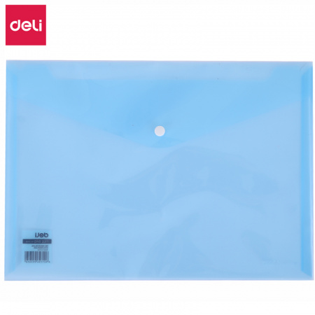 Папка-конверт на кнопке DELI, А4, 0,16 мм, прозрачно-синяя
