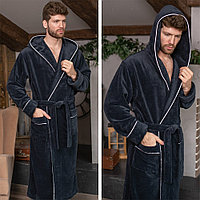 Мужской велюровый халат, махровый, воротник кимоно, капюшон, с запахом