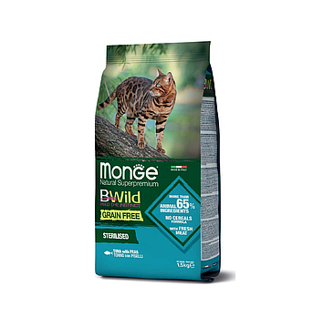 Monge BWild Grain Free STERILISED для стерилизованных кошек тунец/горох, 1,5кг