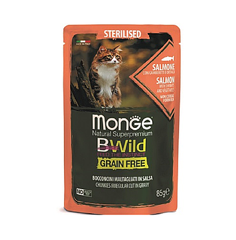 Monge BWild Grain Free STERILISED паучи для стерилизованных кошек лосось/креветки с овощами, 85гр