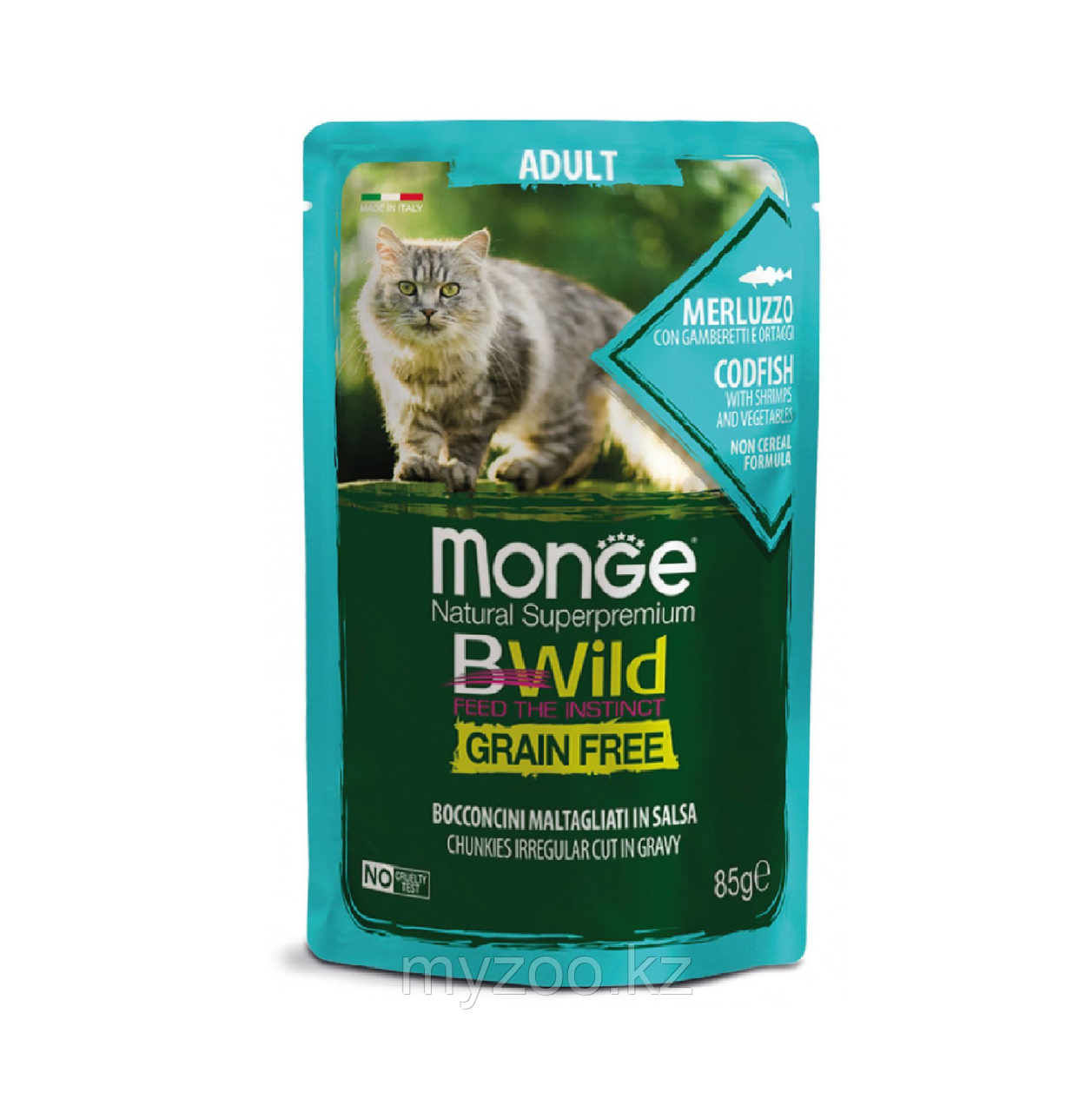 Monge BWild Grain Free ADULT паучи для кошек треска/креветки с овощами, 85гр - фото 1 - id-p106486939