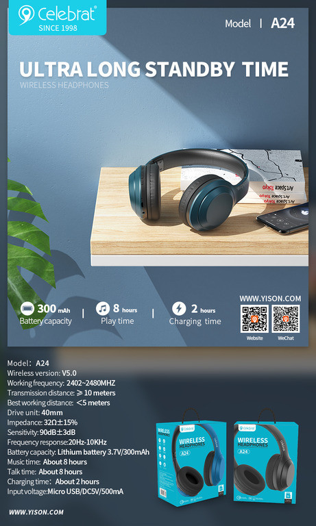 Полноразмерные Bluetooth наушники + MP3 плеер со съемным AUX кабелем, Celebrat A24 - фото 5 - id-p106571907