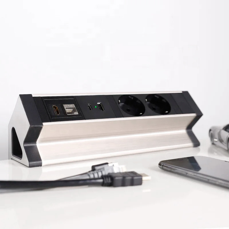 Shelbi Настольный блок на 2 розетки 200B, USB, Type-C, RJ45, HDMI чёрный-серебро - фото 1 - id-p100767756