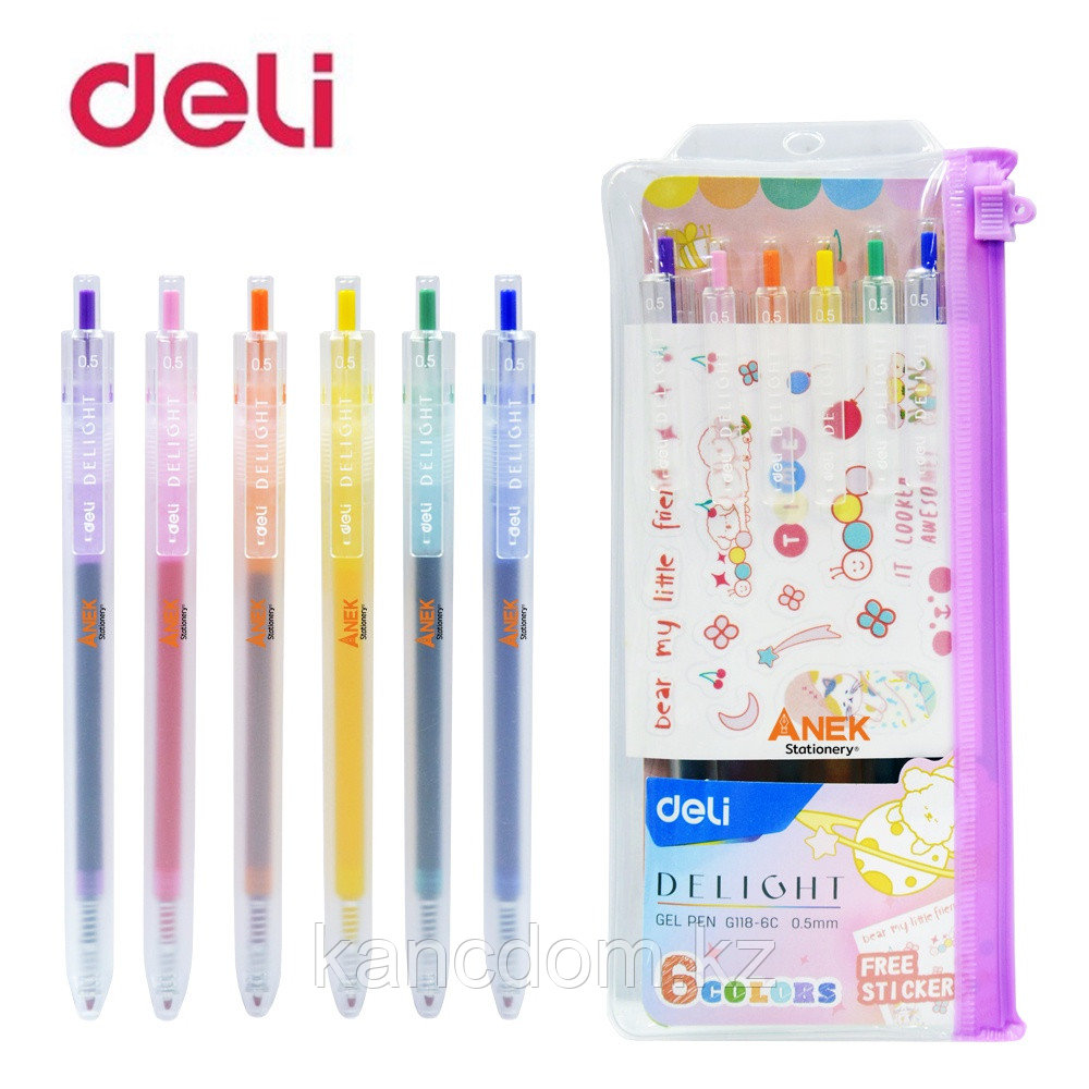Ручка Гелиевая Набор 6 цветов с наклейками Deli "Delight" G118-6C