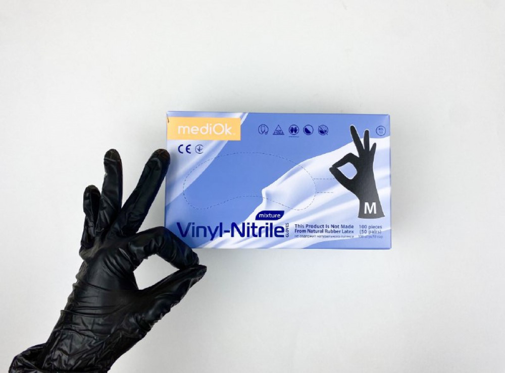 Перчатки нитровинил MediOk смотровые неопудренные,нестирильные ЧЕРНЫЕ, размер M, уп 50 пар - фото 1 - id-p100779483