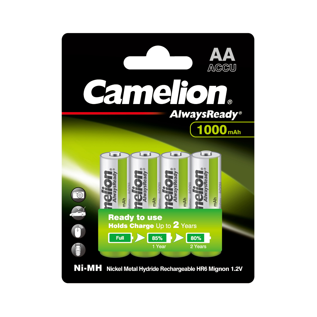 Аккумулятор, CAMELION, NH-AA1000ARBP4, AlwaysReady Rechargeable, AA, 1.2V, 1000 mAh, 4 шт. в блистере