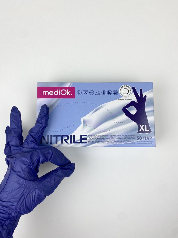 Перчатки нитриловые MediOk неопудренные, ЧЕРНИЧНЫЙ, размер XL, уп 50 пар (пачки) - фото 1 - id-p106729893